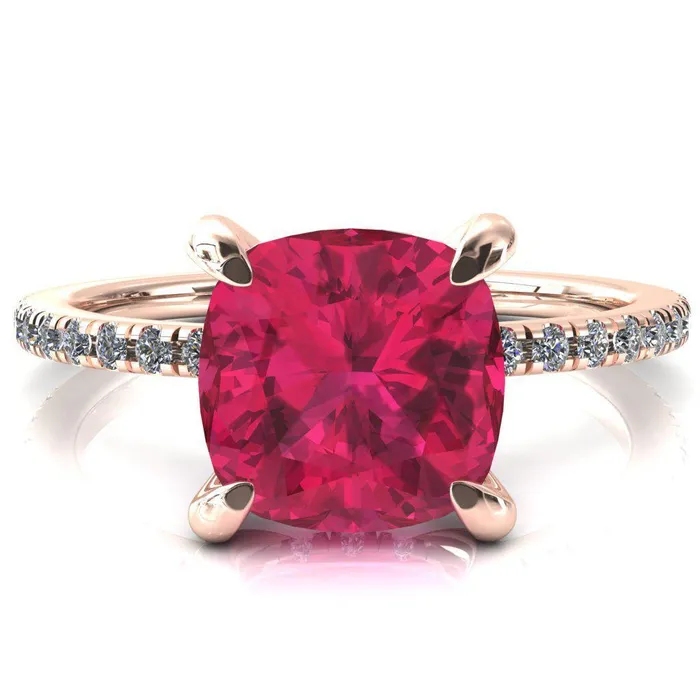 Rings Fire Brilliance Mayeli Cushion Ruby 4 Claw Prong Micro Pave Diamond Sides Engagement Ring