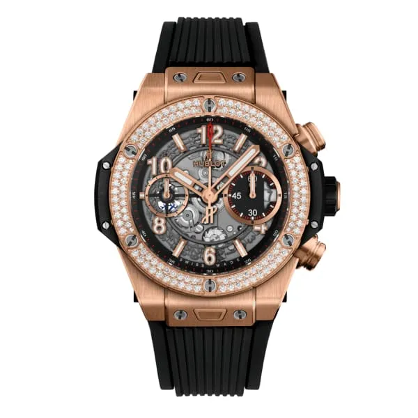 Hublot PreStyled Sets Hublot Big Bang Unico King Gold Diamonds 42mm Watch Ref 441OX1180RX1104 Skeleton Dial Diamond Bezel in 18K Rose Gold Diamond Case Black Lined Rubber Strap