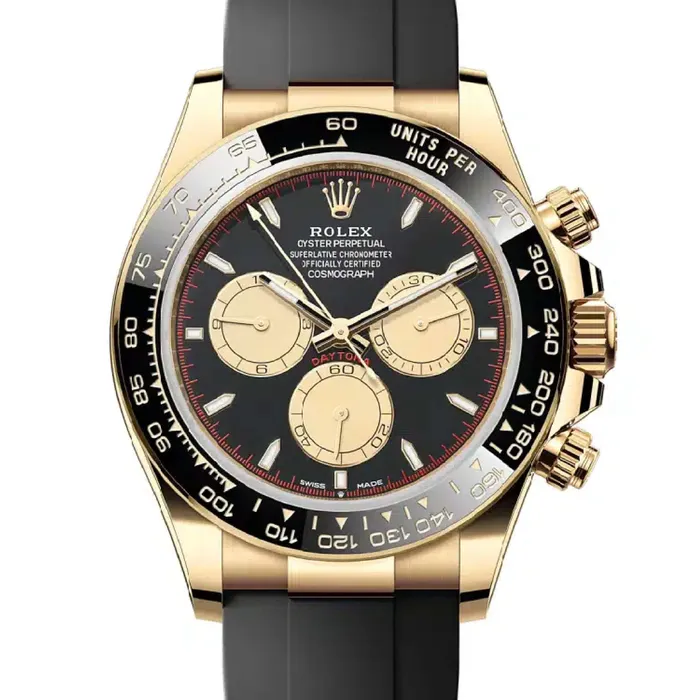 Rolex Rolex Cosmograph Daytona 40mm Ref 126518LN Black Champagne Index Dial Ceramic Bezel 18K Yellow Gold Case Black Oysterflex Bracelet Mens Watch Bracelets