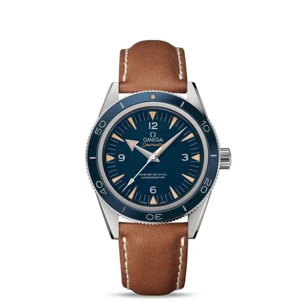 Watches Omega Omega Seamaster 41mm Watch Ref 23392412103001 Blue Index Dial in Titanium Case Brown Leather Strap