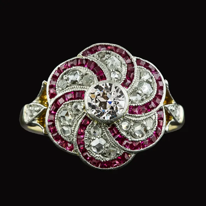 Rings HarryChadEntcom Halo Old Cut Natural Earth Mined Diamond Trapezoid Rubies Ring Flower Style 4 Carats