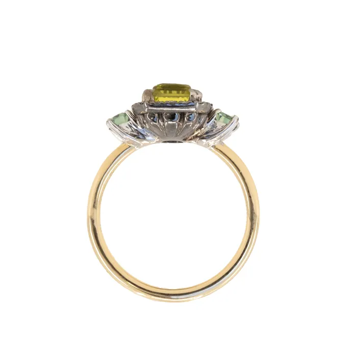 262ct Emerald Cut Nigerian Sapphire and Montana Sapphire Low Profile Scallop Cut Three Stone Ring with Antiqued Diamond Halo in 18k Yellow Gold Anueva Jewelry Rings