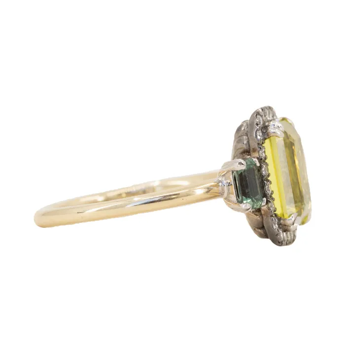 262ct Emerald Cut Nigerian Sapphire and Montana Sapphire Low Profile Scallop Cut Three Stone Ring with Antiqued Diamond Halo in 18k Yellow Gold Anueva Jewelry Rings