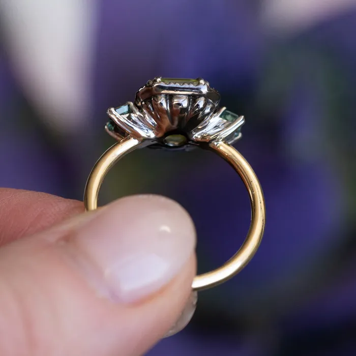 262ct Emerald Cut Nigerian Sapphire and Montana Sapphire Low Profile Scallop Cut Three Stone Ring with Antiqued Diamond Halo in 18k Yellow Gold Anueva Jewelry Rings