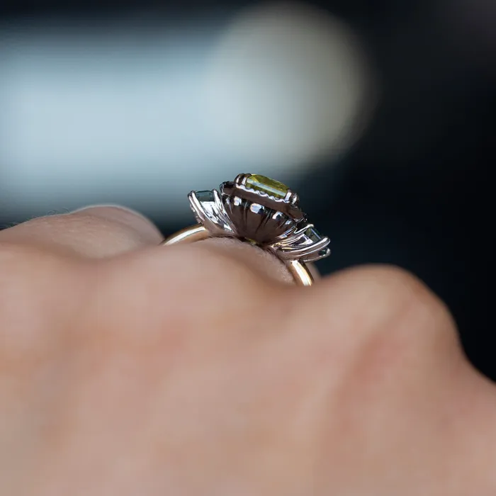 262ct Emerald Cut Nigerian Sapphire and Montana Sapphire Low Profile Scallop Cut Three Stone Ring with Antiqued Diamond Halo in 18k Yellow Gold Anueva Jewelry Rings
