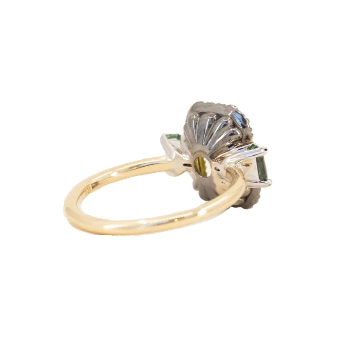 262ct Emerald Cut Nigerian Sapphire and Montana Sapphire Low Profile Scallop Cut Three Stone Ring with Antiqued Diamond Halo in 18k Yellow Gold Anueva Jewelry Rings