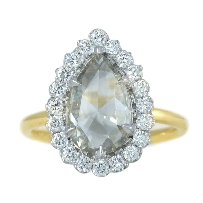 Anueva Jewelry Rings 224ct Grey Pear Rosecut Diamond and Scalloped Halo Antique Ring in Two Tone Gold Anueva Jewelry Rings 224ct Grey Pear Rosecut Diamond and Scalloped Halo Antique Ring in Two Tone Gold