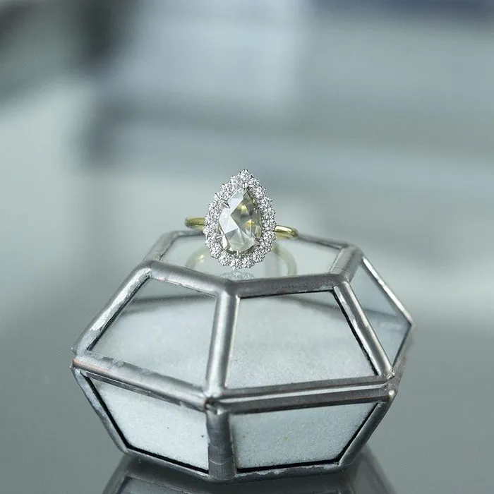 Anueva Jewelry Rings 224ct Grey Pear Rosecut Diamond and Scalloped Halo Antique Ring in Two Tone Gold
