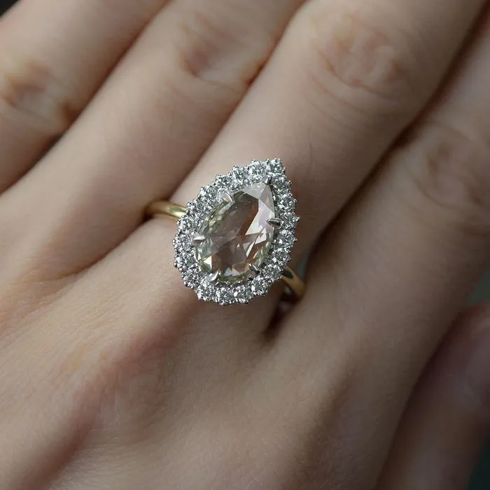 Anueva Jewelry Rings 224ct Grey Pear Rosecut Diamond and Scalloped Halo Antique Ring in Two Tone Gold