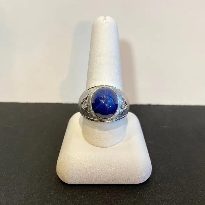 Moriartys Gem Art Rings 14K White Gold Gentlemans Synthetic Star Sapphire and Fine Diamond Ring Moriartys Gem Art Rings 14K White Gold Gentlemans Synthetic Star Sapphire and Fine Diamond Ring