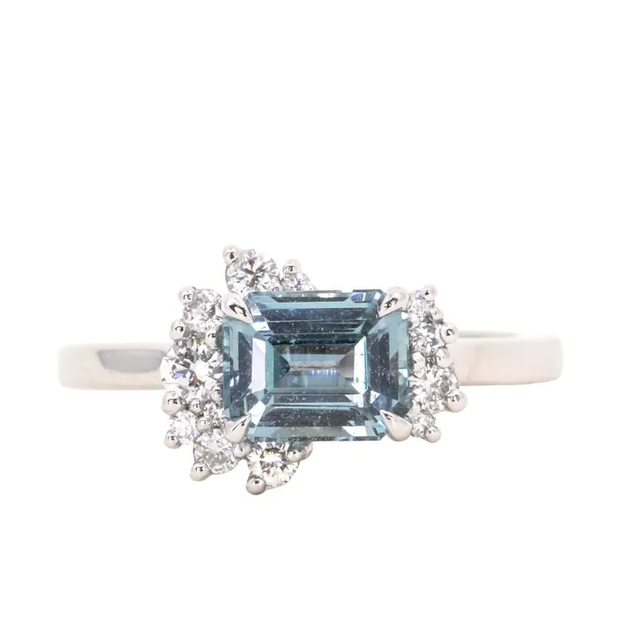 Rings Anueva Jewelry 180ct Emerald Cut Denim Blue Sapphire and Asymmetrical Diamond Cluster Ring in Platinum Rings Anueva Jewelry 180ct Emerald Cut Denim Blue Sapphire and Asymmetrical Diamond Cluster Ring in Platinum
