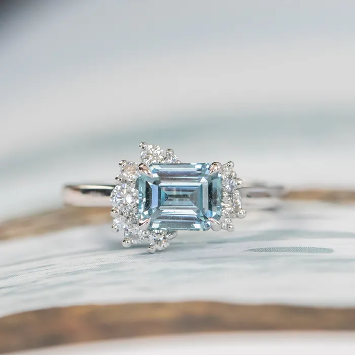 Rings Anueva Jewelry 180ct Emerald Cut Denim Blue Sapphire and Asymmetrical Diamond Cluster Ring in Platinum