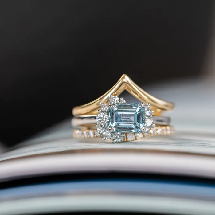 Rings Anueva Jewelry 180ct Emerald Cut Denim Blue Sapphire and Asymmetrical Diamond Cluster Ring in Platinum