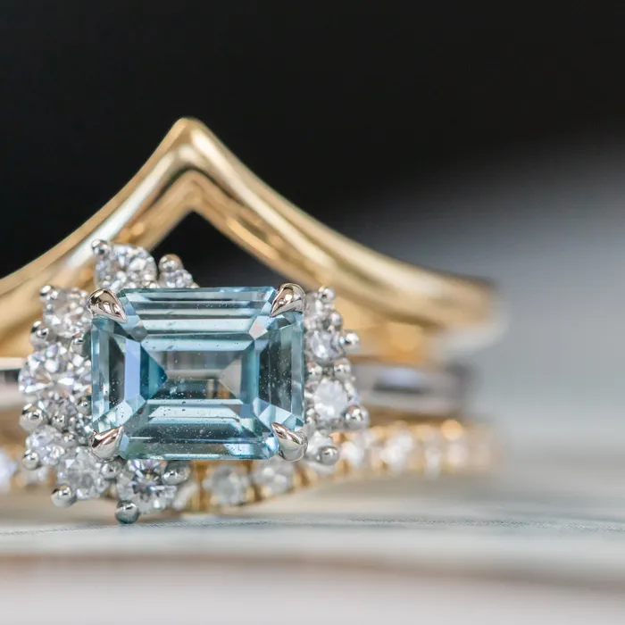 Rings Anueva Jewelry 180ct Emerald Cut Denim Blue Sapphire and Asymmetrical Diamond Cluster Ring in Platinum
