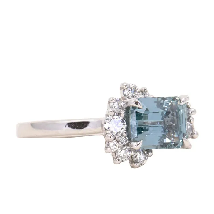 Rings Anueva Jewelry 180ct Emerald Cut Denim Blue Sapphire and Asymmetrical Diamond Cluster Ring in Platinum
