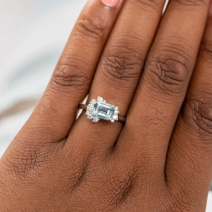 Rings Anueva Jewelry 180ct Emerald Cut Denim Blue Sapphire and Asymmetrical Diamond Cluster Ring in Platinum