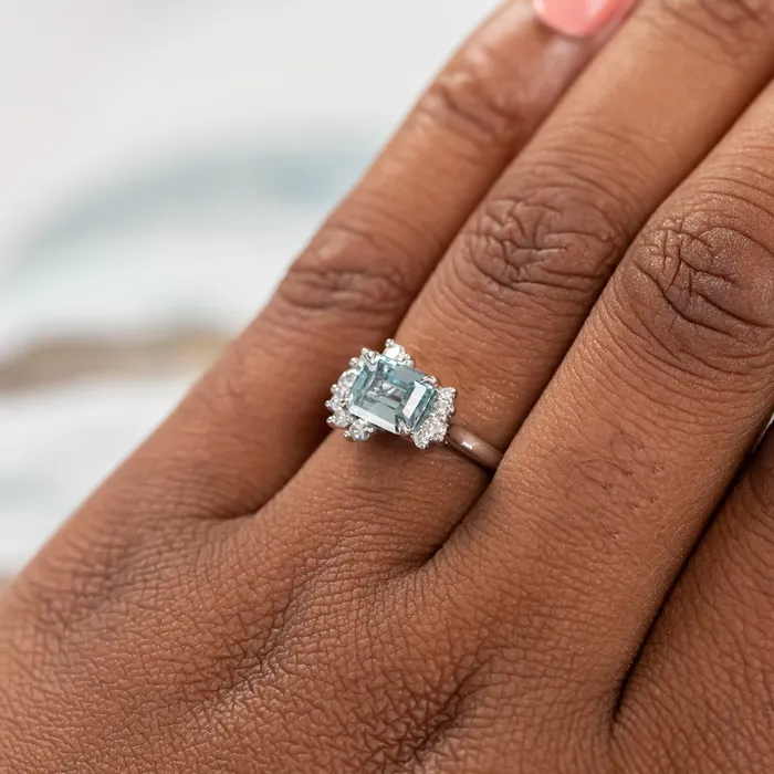 Rings Anueva Jewelry 180ct Emerald Cut Denim Blue Sapphire and Asymmetrical Diamond Cluster Ring in Platinum