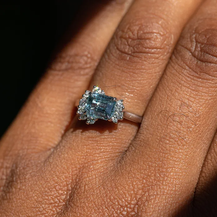 Rings Anueva Jewelry 180ct Emerald Cut Denim Blue Sapphire and Asymmetrical Diamond Cluster Ring in Platinum