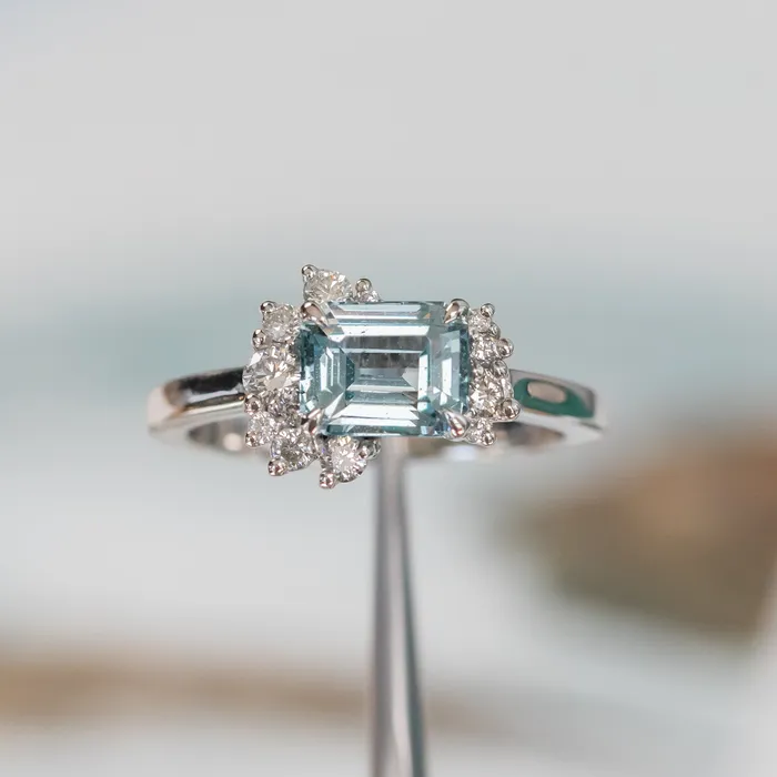Rings Anueva Jewelry 180ct Emerald Cut Denim Blue Sapphire and Asymmetrical Diamond Cluster Ring in Platinum