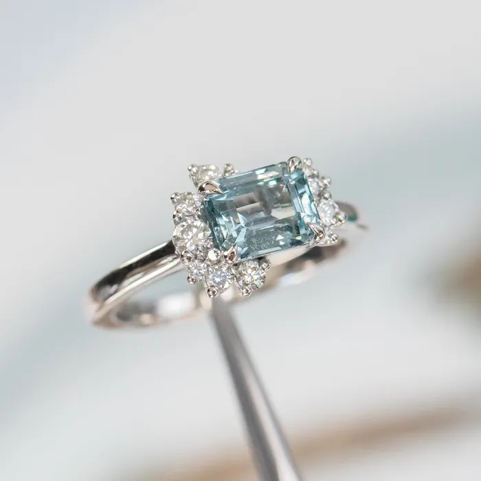 Rings Anueva Jewelry 180ct Emerald Cut Denim Blue Sapphire and Asymmetrical Diamond Cluster Ring in Platinum
