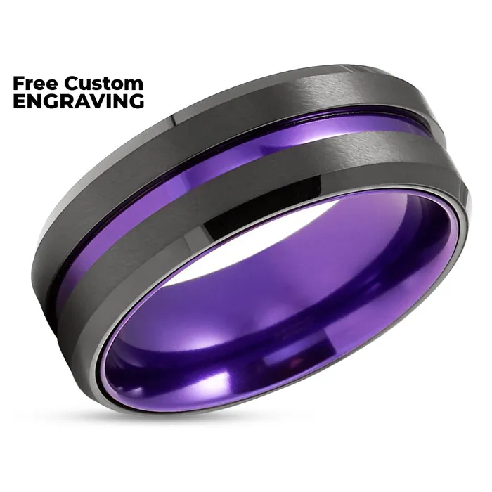 Purple Wedding Ring Black Tungsten Ring Black Wedding Band Purple Tungsten Ring Clean Casting Jewelry Rings
