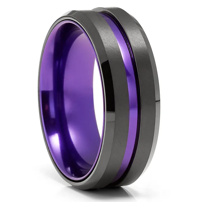 Purple Wedding Ring Black Tungsten Ring Black Wedding Band Purple Tungsten Ring Clean Casting Jewelry Rings