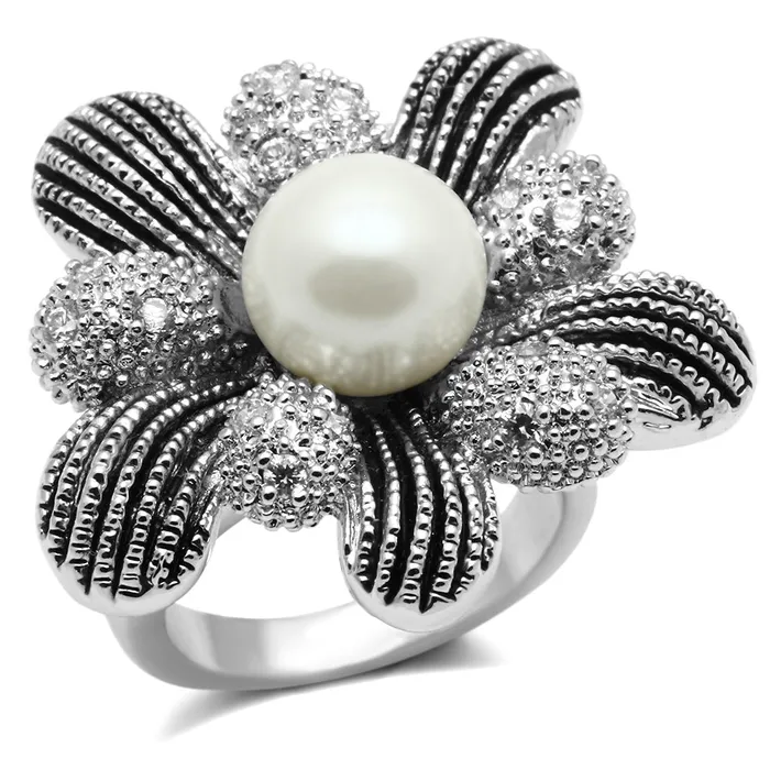 3W294 Rhodium Brass Ring with Synthetic Pearl in White Alamode Rings