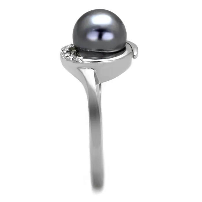 3W629 Rhodium Brass Ring with Synthetic Pearl in Gray Alamode Rings