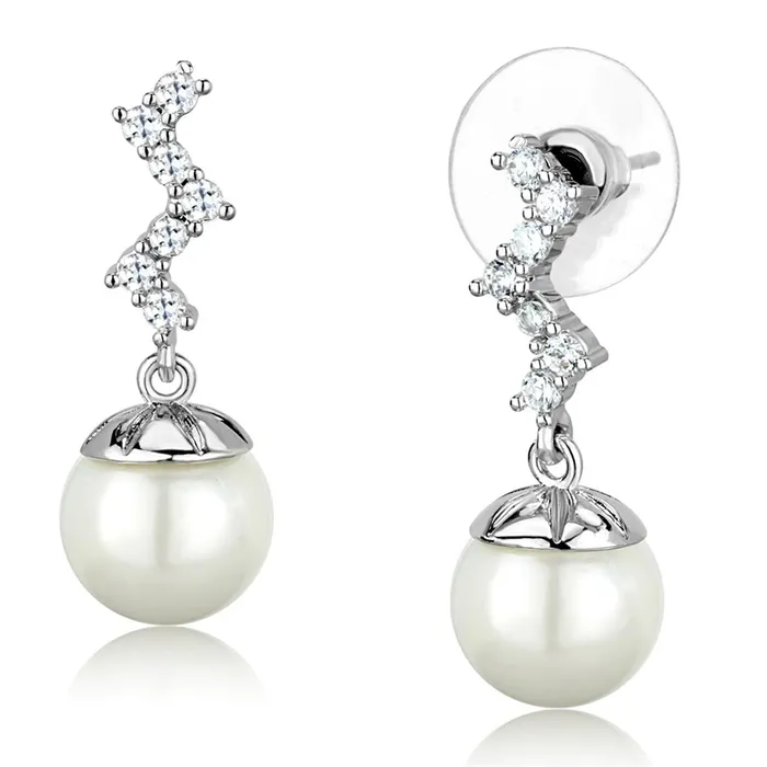 Alamode 3W894 Rhodium Brass Earrings with Synthetic Pearl in White Earrings