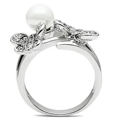 Alamode Rings 3W223 Rhodium Brass Ring with Synthetic Pearl in White