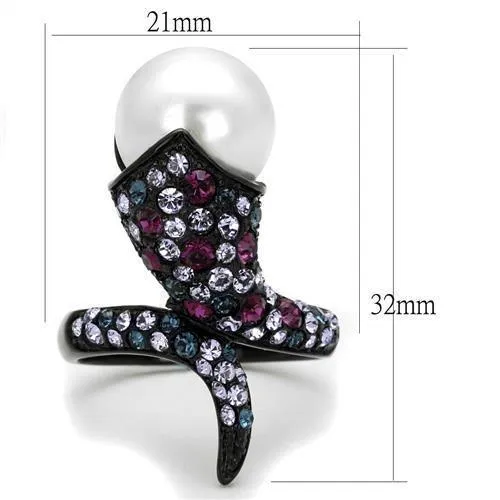 Alamode TK2203 IP BlackIon Plating Stainless Steel Ring with Synthetic Pearl in White Rings