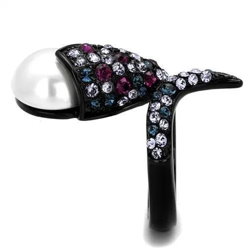 Alamode TK2203 IP BlackIon Plating Stainless Steel Ring with Synthetic Pearl in White Rings