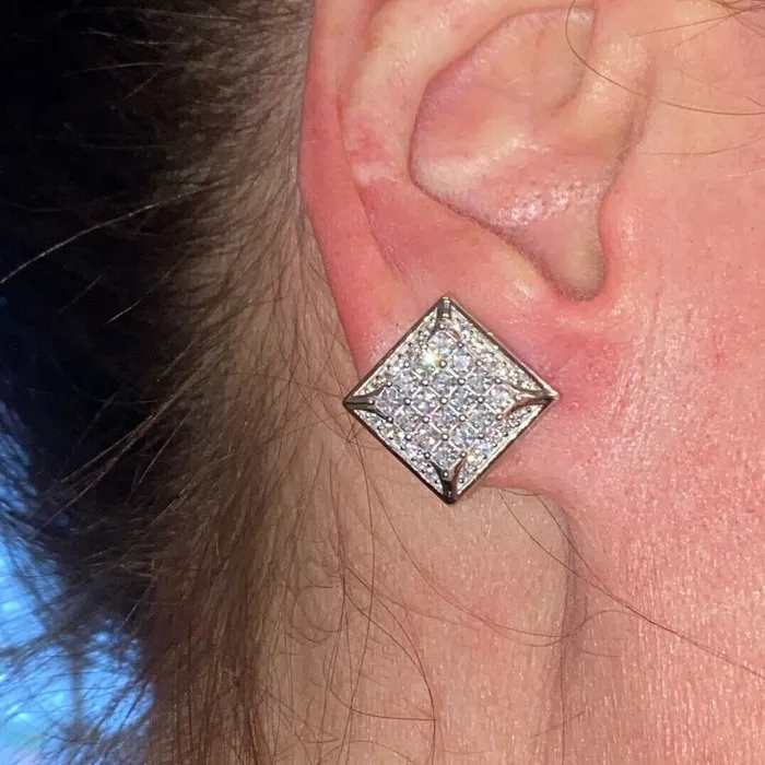AMERICAN TIME Earrings 925 Sterling Silver Baguette Iced CZ Flooded Out Square Earrings 13MM