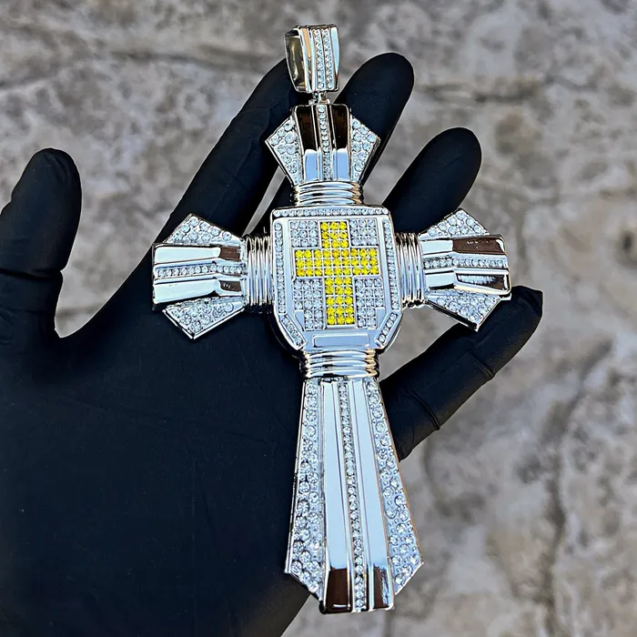 Big Huge Cross Hip Hop Pendant Iced White and Yellow Iced Flooded Out Bling Cartel Necklaces