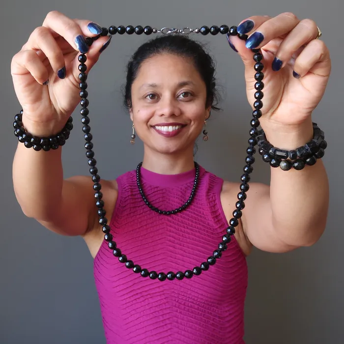 Black Tourmaline Necklace HighClass Heroine Faceted Gems Satin Crystals Necklaces