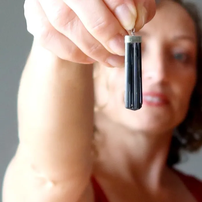 Black Tourmaline Pendant Raw Power Sterling Silver Satin Crystals Necklaces