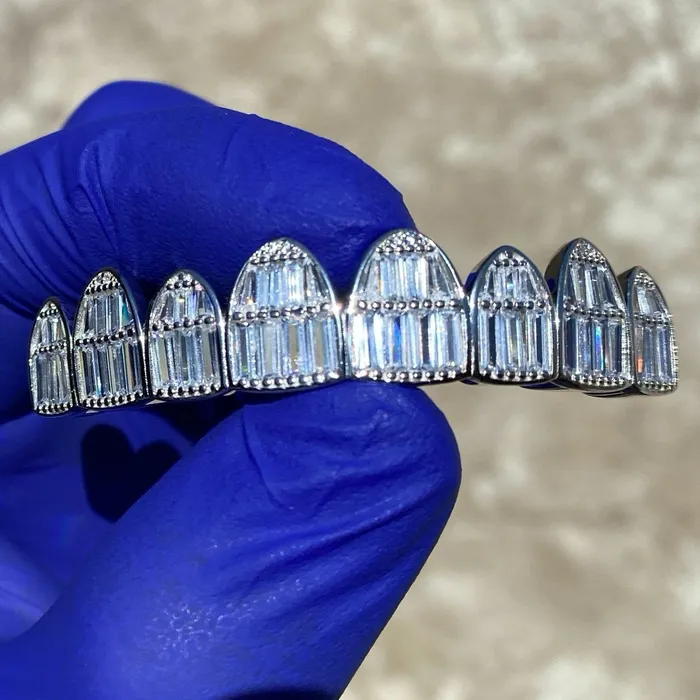 Bling Cartel Admin 925 Sterling Silver Iced Flooded Out Baguette Grillz Top 8 Teeth Rings