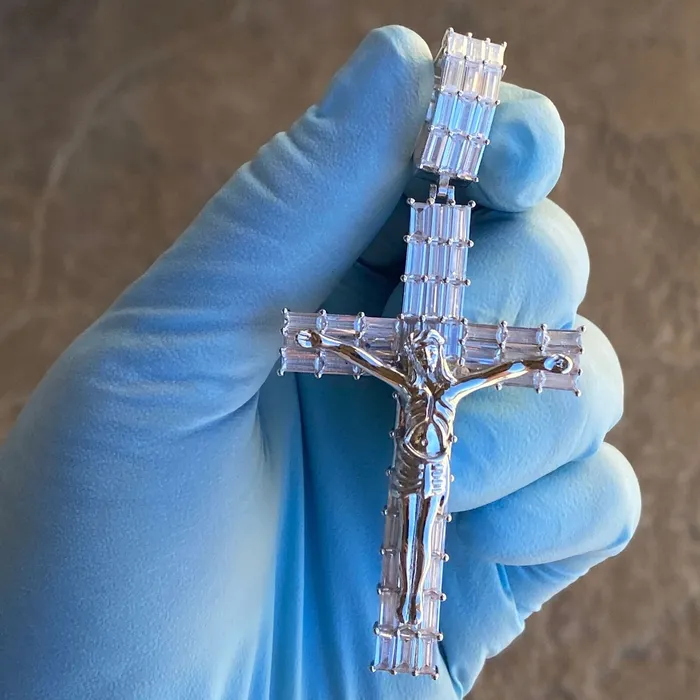 Bling Cartel Necklaces 925 Sterling Silver Crucifix Jesus Cross Baguette CZ Pendant Big 25