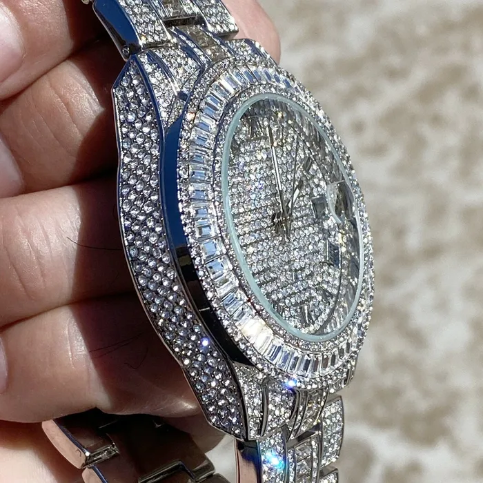 Bling Cartel Rings Mens Big Hip Hop Watch Iced Flooded Out Baguettes Calendar Silver Tone