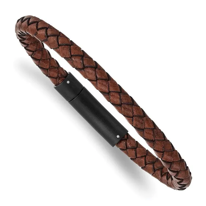 Bracelets Chisel Stainless Steel Brushed Black IPplated Brown Leather 825in Bracelet