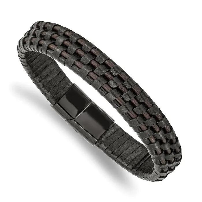 Bracelets Chisel Stainless Steel Polished Black IP Black and Brown Leather 825in Bracelet Bracelets Chisel Stainless Steel Polished Black IP Black and Brown Leather 825in Bracelet