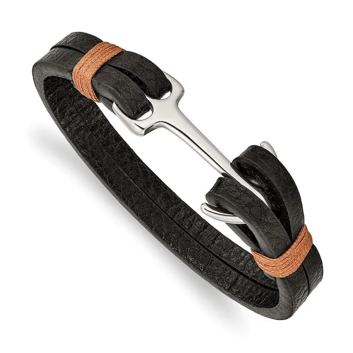 Bracelets Chisel Stainless Steel Polished Black Leather wCotton Anchor Hook 9in Bracelet Bracelets Chisel Stainless Steel Polished Black Leather wCotton Anchor Hook 9in Bracelet