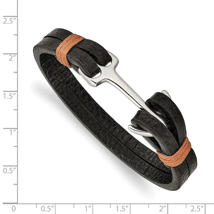 Bracelets Chisel Stainless Steel Polished Black Leather wCotton Anchor Hook 9in Bracelet Bracelets Chisel Stainless Steel Polished Black Leather wCotton Anchor Hook 9in Bracelet