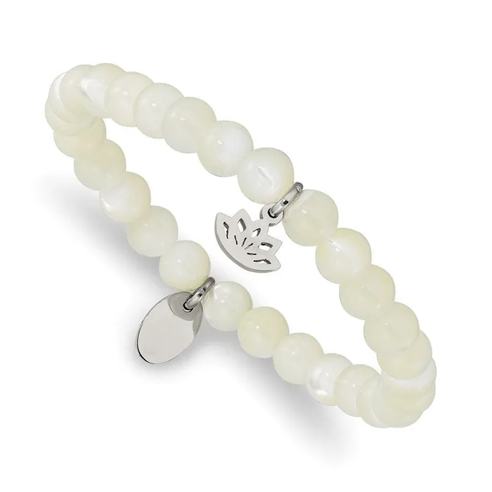 Bracelets Chisel Stainless Steel Polished Lotus Mother of Pearl Beaded Stretch Bracelet Bracelets Chisel Stainless Steel Polished Lotus Mother of Pearl Beaded Stretch Bracelet