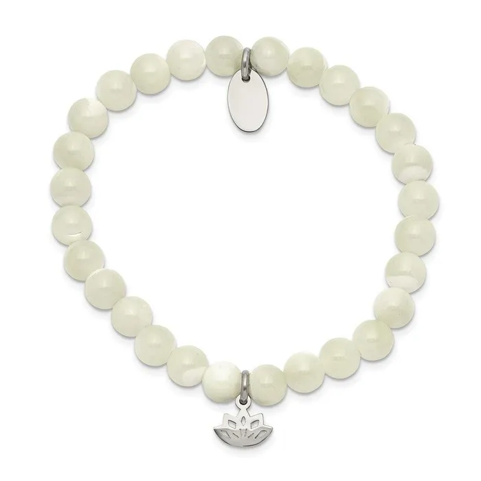 Bracelets Chisel Stainless Steel Polished Lotus Mother of Pearl Beaded Stretch Bracelet Bracelets Chisel Stainless Steel Polished Lotus Mother of Pearl Beaded Stretch Bracelet