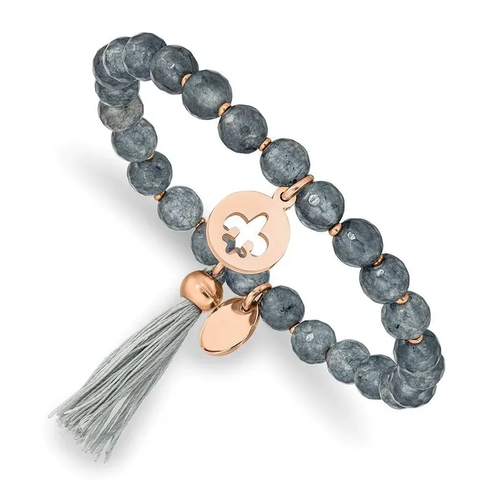 Bracelets Chisel Stainless Steel Polished Rose IP Fleur de Lis Grey Agate Stretch Bracelet Bracelets Chisel Stainless Steel Polished Rose IP Fleur de Lis Grey Agate Stretch Bracelet