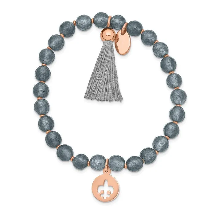 Bracelets Chisel Stainless Steel Polished Rose IP Fleur de Lis Grey Agate Stretch Bracelet Bracelets Chisel Stainless Steel Polished Rose IP Fleur de Lis Grey Agate Stretch Bracelet