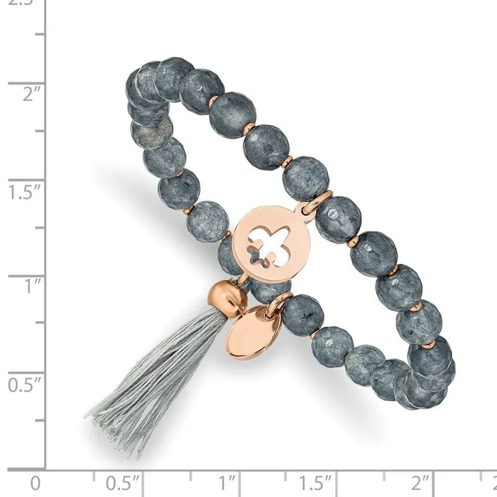 Bracelets Chisel Stainless Steel Polished Rose IP Fleur de Lis Grey Agate Stretch Bracelet Bracelets Chisel Stainless Steel Polished Rose IP Fleur de Lis Grey Agate Stretch Bracelet