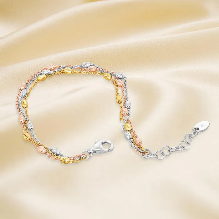 Bracelets Classic Sterling Silver Tri Color Triple Strand Oval Beaded Bracelet 7 Bracelets Classic Sterling Silver Tri Color Triple Strand Oval Beaded Bracelet 7