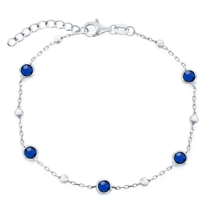 Bracelets Classic Womens Bracelet Sterling Silver BezelSet Sapphire CZ and Beads T8084 Classic Bracelets Classic Womens Bracelet Sterling Silver BezelSet Sapphire CZ and Beads T8084 Classic